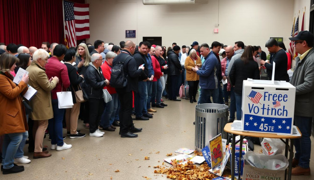 A bustling polling station on November 5, filled with diverse voters in line, an American flag waving in the background, a decorated ballot box prominently displayed, autumn leaves scattered on the ground, and colorful campaign materials nearby, capturing